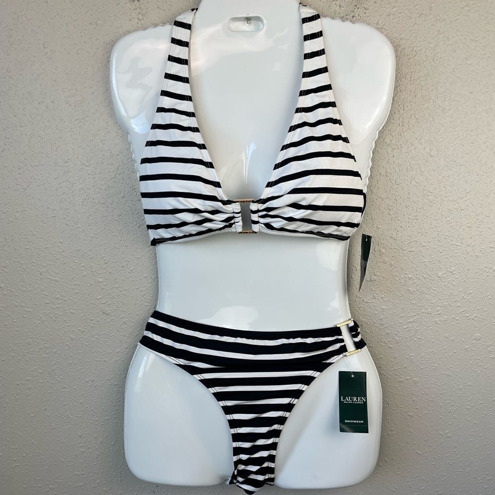 NWT Lauren Ralph Lauren B&W Striped Bikini Top and Bottom Sizes 6, 8, or 16